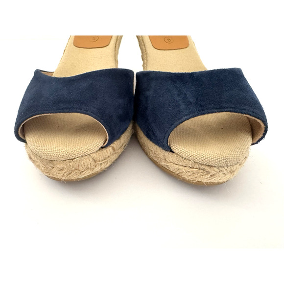 Kanna Espadrille Sandals 8 Blue Suede Peep-Toe Ankle Strap Jute Wedge Spain - Picture 5 of 15